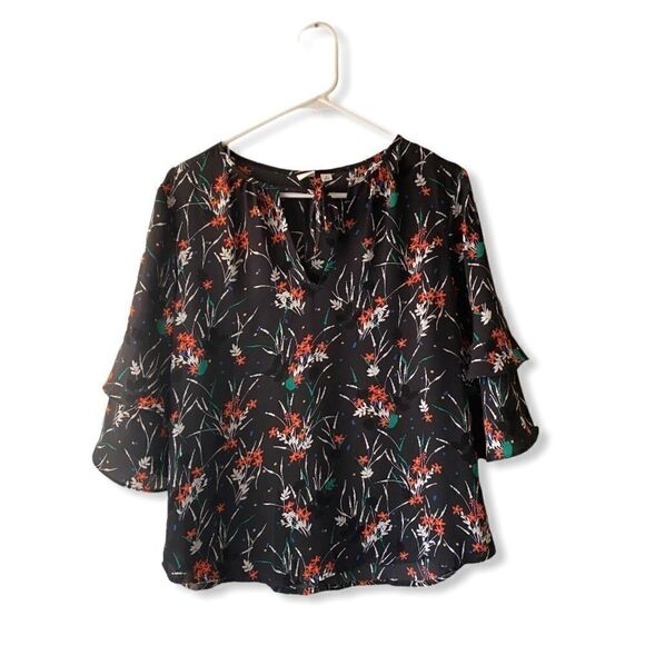 GAP Black Floral Tie Neck Blouse with Half Sleeves - Picture 1 of 6